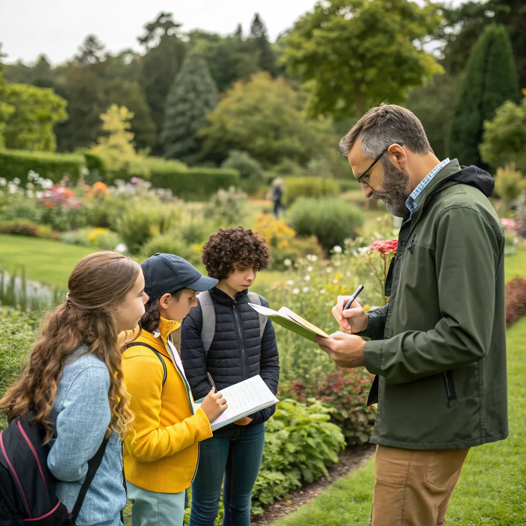 Professional landscape designer teaching a group of students