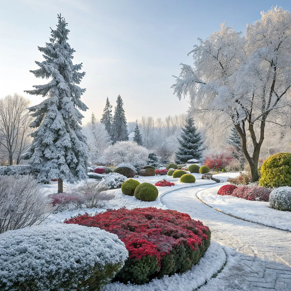 A beautifully designed winter garden with snow-covered trees and vibrant shrubs